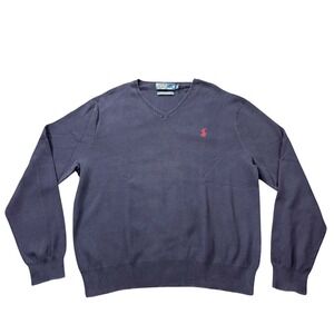 VTG Polo Ralph Lauren Mens XL V-Neck Sweater Dark Navy 100% Pima Cotton Red Pony